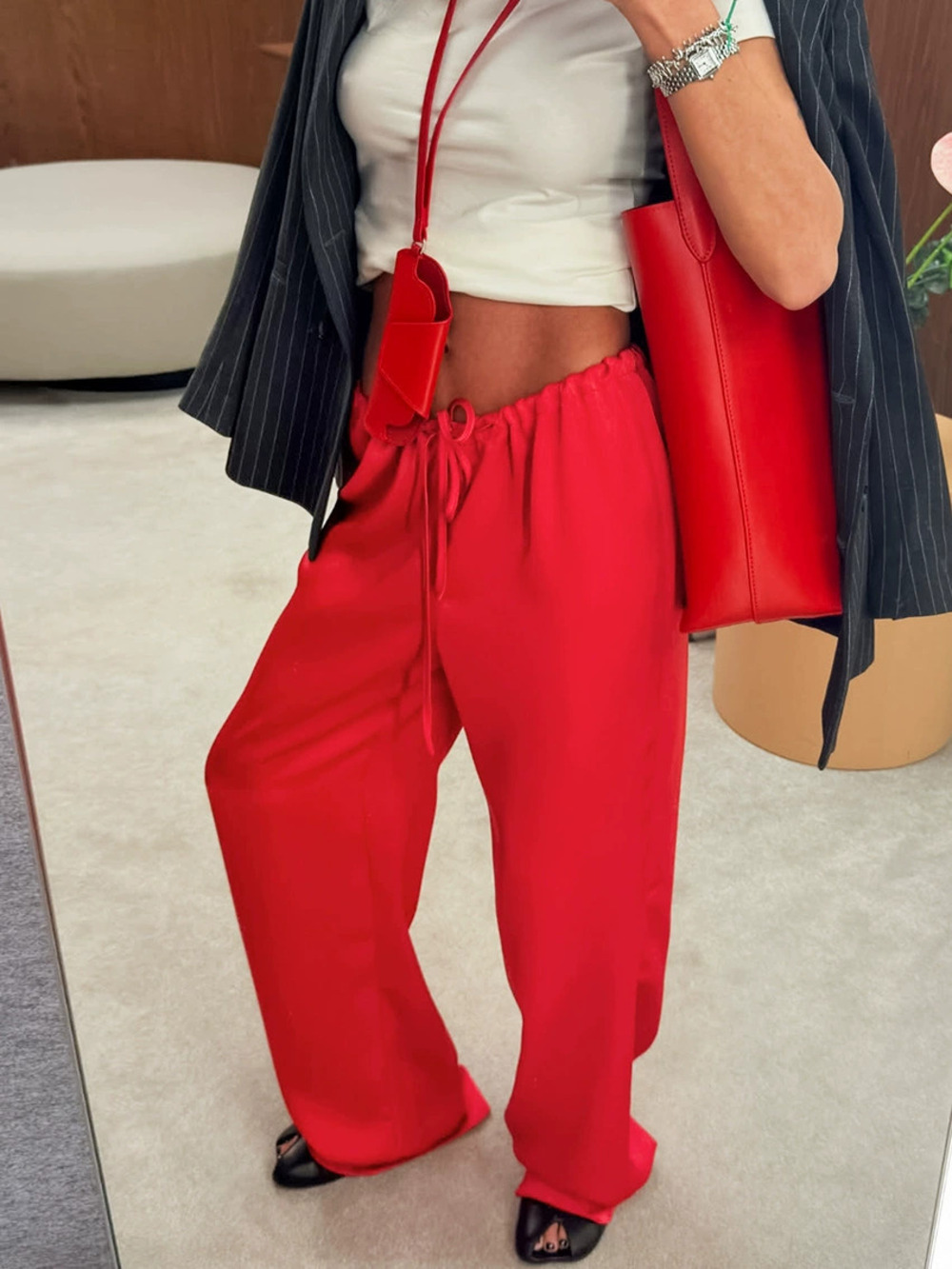 ZARA Spring Summer Red Drawstring High Waist Flowy Wide Leg Straight Pants